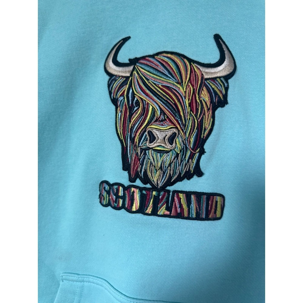 Travel Outfitters Scotland Highland Cow Embroidered Hoodie Aqua Blue Kids 9-11Y - Picture 3 of 5
